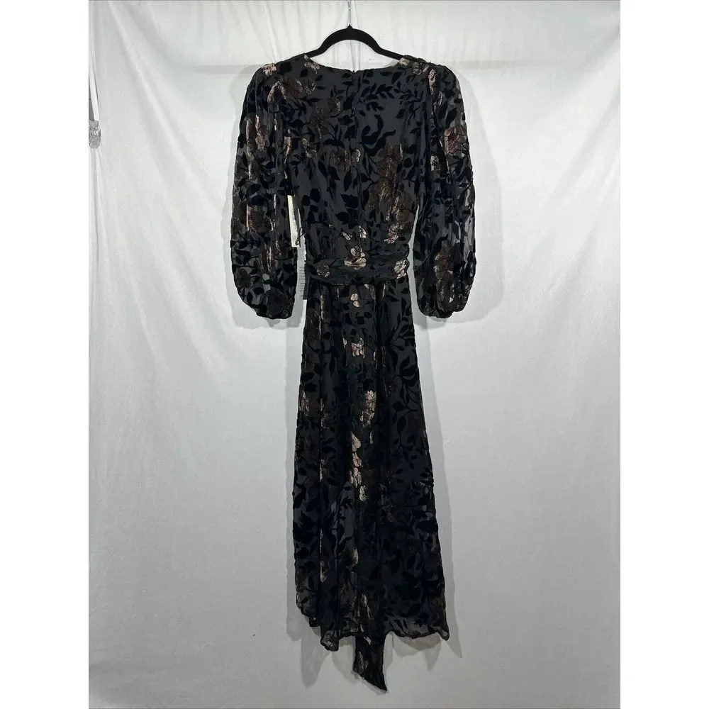 NWT $198 Eliza J [ 0 ] Velvet-Burn Floral Puff Sleeve High Low Dress Black #J238